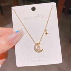 Stainless Steel Chain Moon Zircon Star Small Pendant necklace