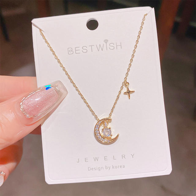 Stainless Steel Chain Moon Zircon Star Small Pendant necklace