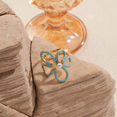 Summer hollow out flower blue color enamel stainless steel rings