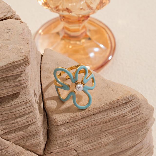 Summer hollow out flower blue color enamel stainless steel rings