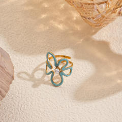 Summer hollow out flower blue color enamel stainless steel rings
