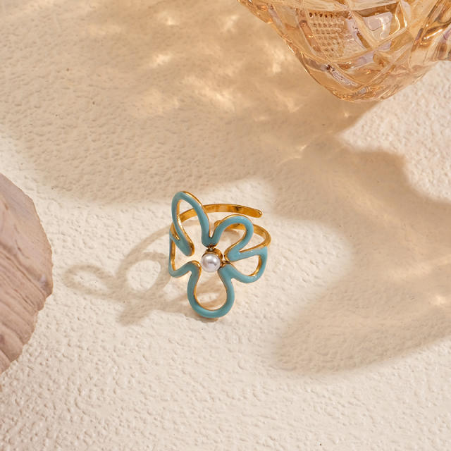 Summer hollow out flower blue color enamel stainless steel rings