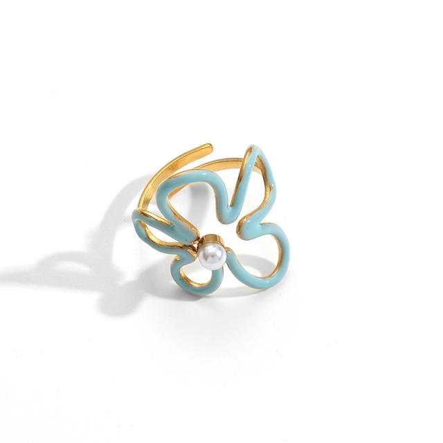 Summer hollow out flower blue color enamel stainless steel rings