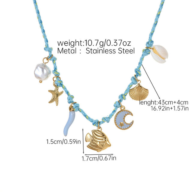 Beach Style Colorful Braided rope chain stainlss steel fish shell charms Necklace
