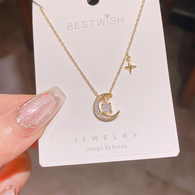 Stainless Steel Chain Moon Zircon Star Small Pendant necklace