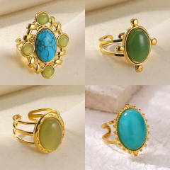 Vintage oval pearl turquoise stone inlaid stainless steel rings