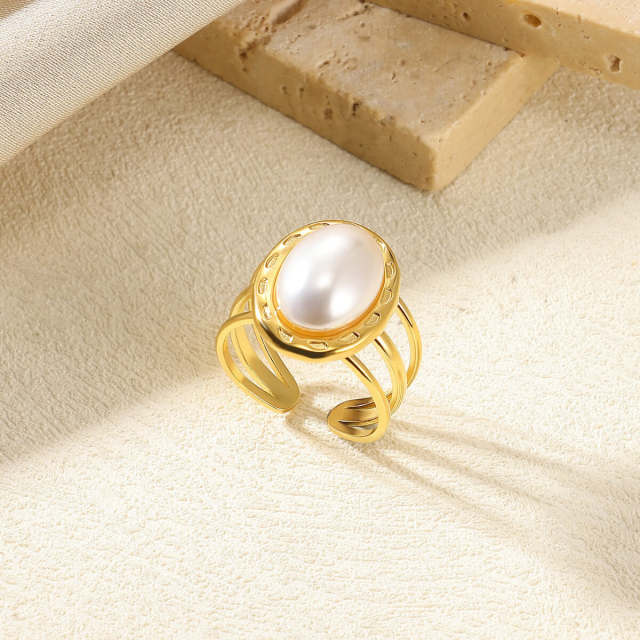 Vintage oval pearl turquoise stone inlaid stainless steel rings