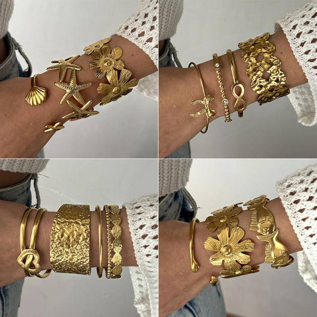 Vintage geometric irregular pattern hollow stainless steel bangle flower starfish shell heart cuff bangle