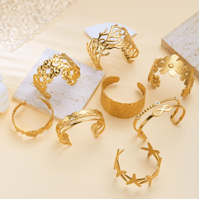 Vintage geometric irregular pattern hollow stainless steel bangle flower starfish shell heart cuff bangle