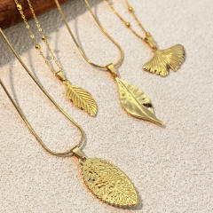 Summer gold color elegant leaf Ginkgo Leaf pendant stainless steel necklace