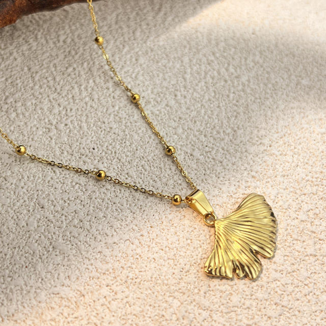 Summer gold color elegant leaf Ginkgo Leaf pendant stainless steel necklace