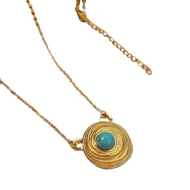 Vintage sprial pendant turquoise stone statement stainless steel necklace