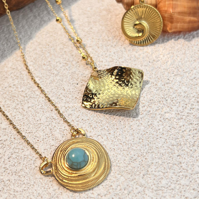 Vintage sprial pendant turquoise stone statement stainless steel necklace