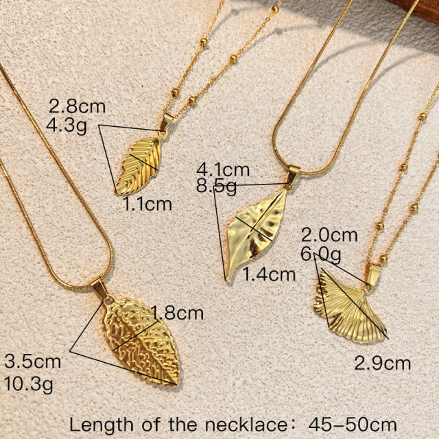 Summer gold color elegant leaf Ginkgo Leaf pendant stainless steel necklace