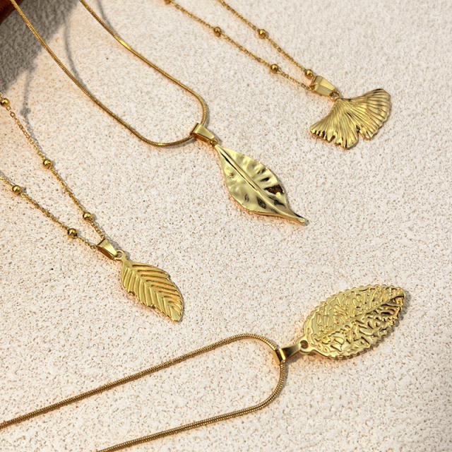 Summer gold color elegant leaf Ginkgo Leaf pendant stainless steel necklace