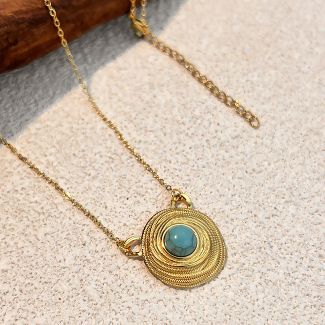 Vintage sprial pendant turquoise stone statement stainless steel necklace