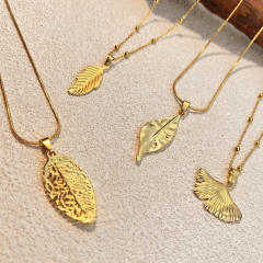 Summer gold color elegant leaf Ginkgo Leaf pendant stainless steel necklace