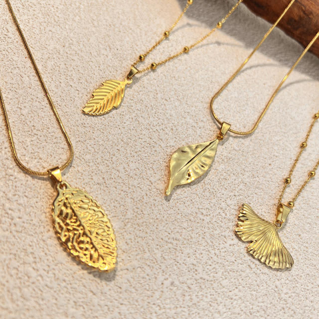 Summer gold color elegant leaf Ginkgo Leaf pendant stainless steel necklace