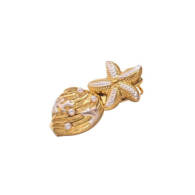 Stainless Steel Hairpin Ocean Beach Style Starfish Shell Imitation Pearl Hairpin