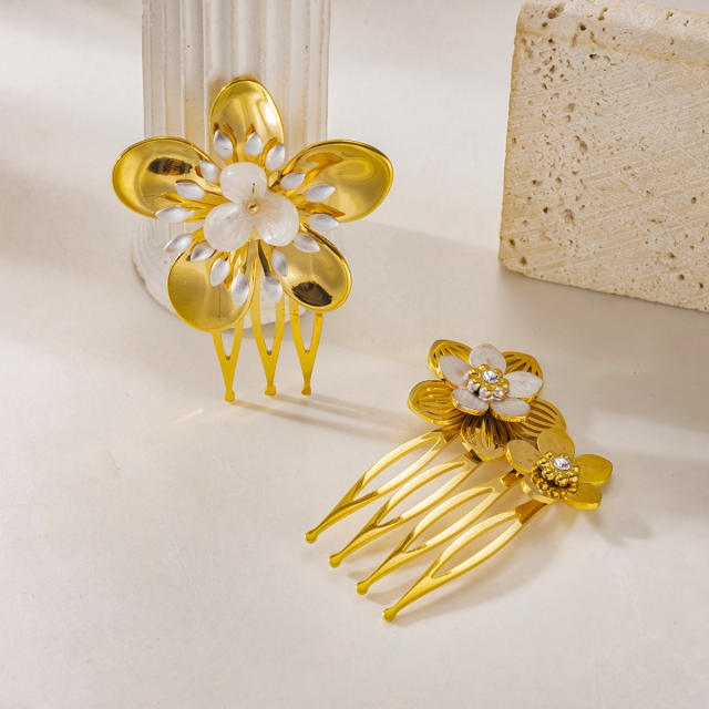 Elegant gold color flower design stainless steel hair clips hair combs