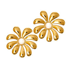 French trend pearl inlaid geometric flower semi circle stainless steel earrings