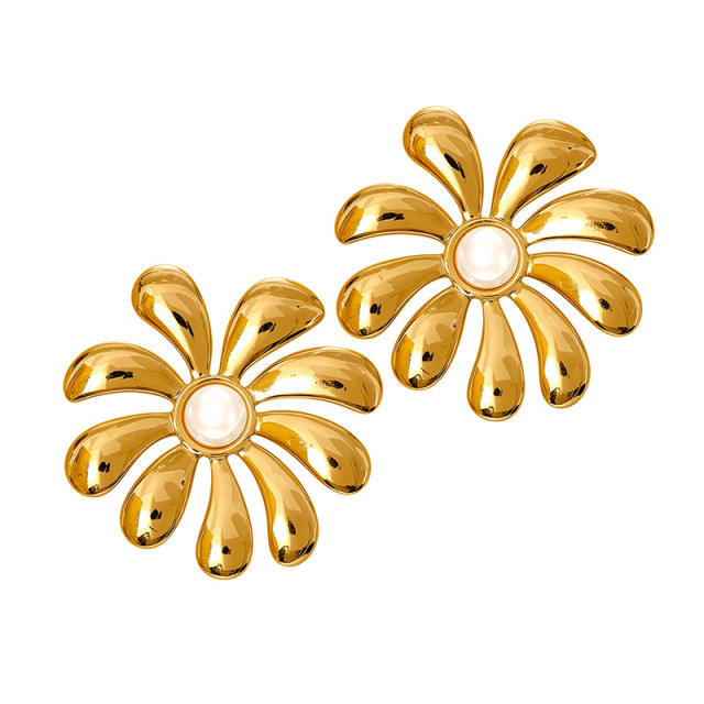 French trend pearl inlaid geometric flower semi circle stainless steel earrings