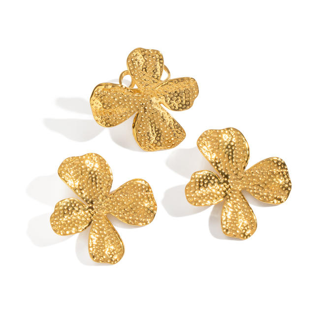 Holiday trend hammer pattern oversize flower stainless steel earrings rings suit
