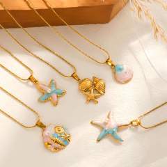 Blue Ocean Series Conch Starfish pendant color enamel stainless steel necklace