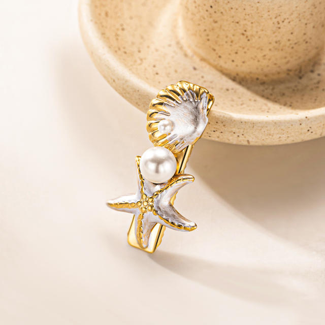 Stainless Steel Hairpin Ocean Beach Style Starfish Shell Imitation Pearl Hairpin