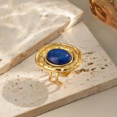 French Retro Natural Stone Lapis Lazuli Open Rings stainless steel rings
