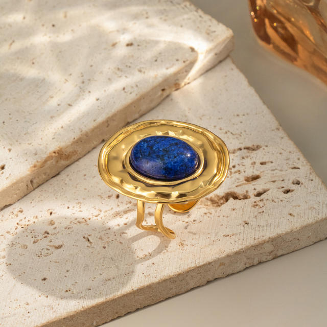 French Retro Natural Stone Lapis Lazuli Open Rings stainless steel rings