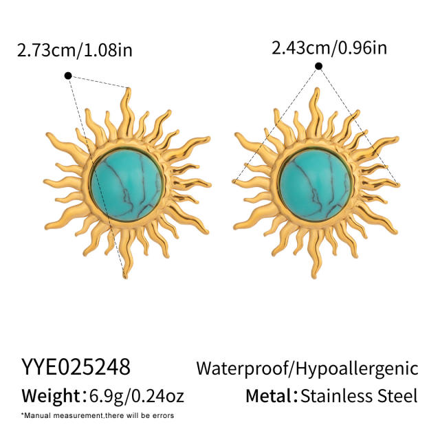 Sun Turquoise Natural Stone Earrings Rings stainless steel jewelry suit