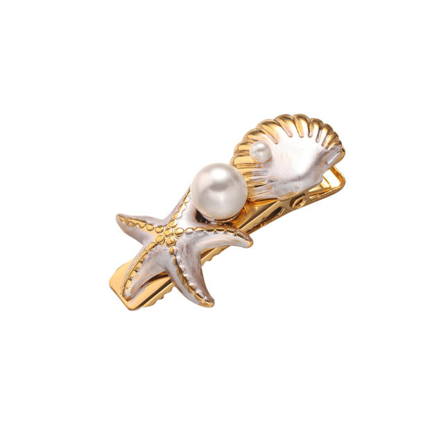 Stainless Steel Hairpin Ocean Beach Style Starfish Shell Imitation Pearl Hairpin