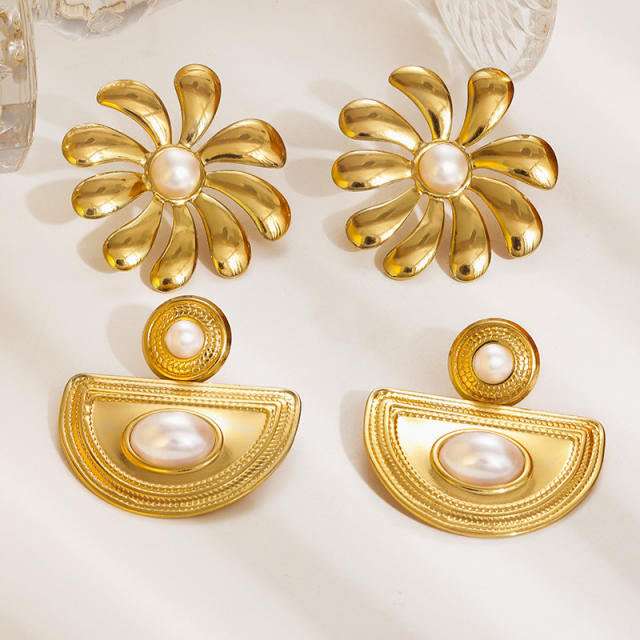 French trend pearl inlaid geometric flower semi circle stainless steel earrings