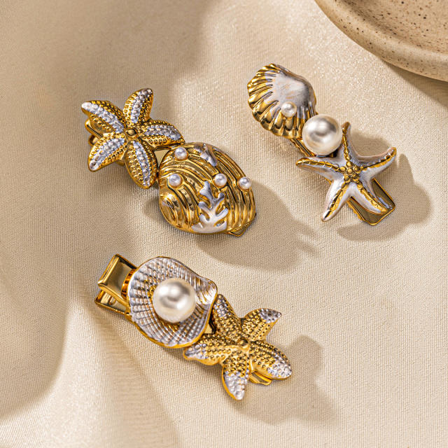 Stainless Steel Hairpin Ocean Beach Style Starfish Shell Imitation Pearl Hairpin