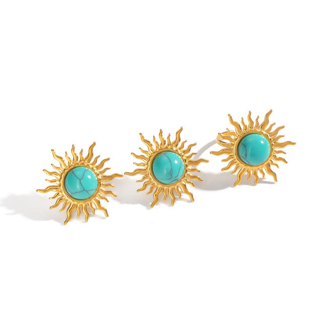 Sun Turquoise Natural Stone Earrings Rings stainless steel jewelry suit