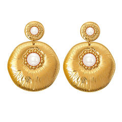 French trend pearl inlaid geometric flower semi circle stainless steel earrings