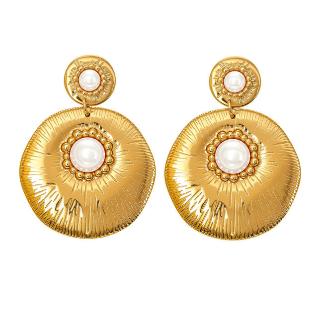 French trend pearl inlaid geometric flower semi circle stainless steel earrings
