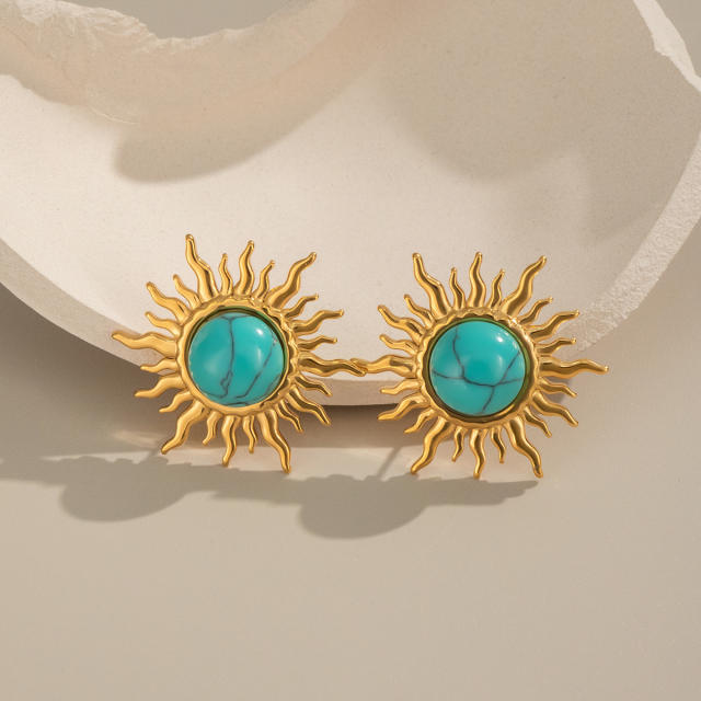 Sun Turquoise Natural Stone Earrings Rings stainless steel jewelry suit