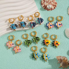 Ocean-Colored Ceramic Small Fish Earrings Enamel fish stainless steel huggie earrings