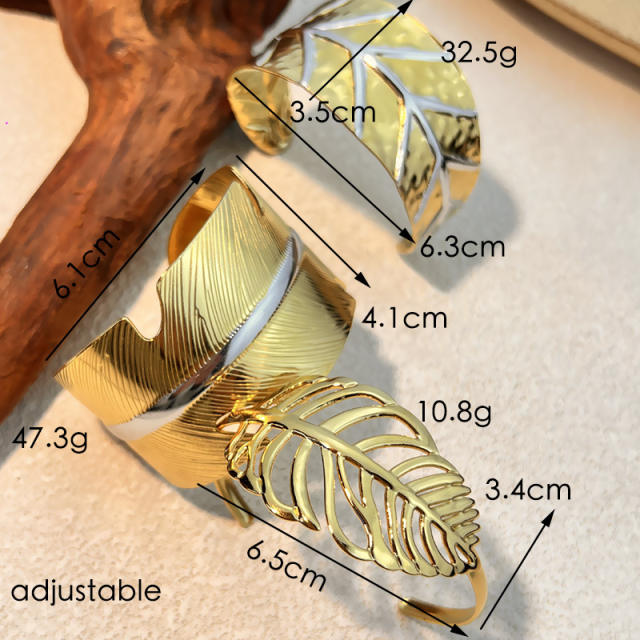 Stainless steel bangle bracelet plated with 18K two tone leaf design bangle bracelet