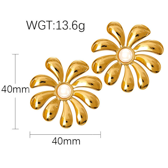 French trend pearl inlaid geometric flower semi circle stainless steel earrings