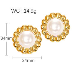 French trend pearl inlaid geometric flower semi circle stainless steel earrings