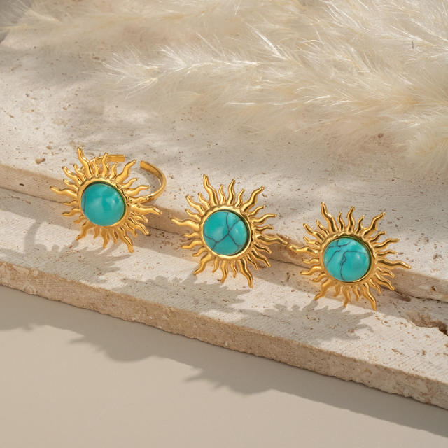 Sun Turquoise Natural Stone Earrings Rings stainless steel jewelry suit