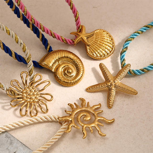 Marine Stainless Steel Pendant starfish conch shell pendant colorful thick Rope chain DIY beach style necklace