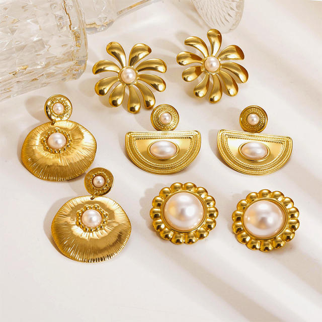 French trend pearl inlaid geometric flower semi circle stainless steel earrings
