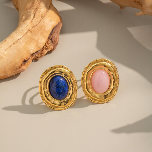 French Retro Natural Stone Lapis Lazuli Open Rings stainless steel rings