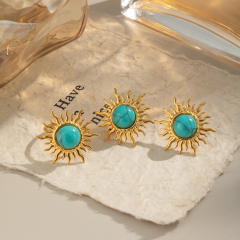 Sun Turquoise Natural Stone Earrings Rings stainless steel jewelry suit