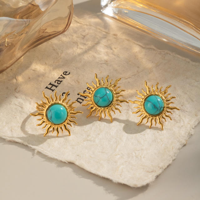 Sun Turquoise Natural Stone Earrings Rings stainless steel jewelry suit