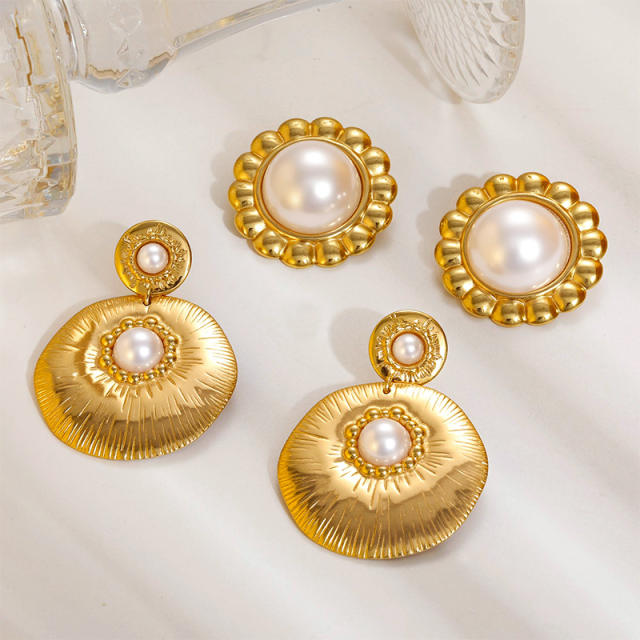 French trend pearl inlaid geometric flower semi circle stainless steel earrings